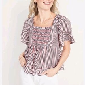 *NWT* Old Navy Red White Blue Striped Smocked Peplum Short Sleeve Blouse, Size M